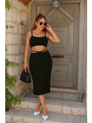 Janes Kadın Askılı Crop Bel Detaylı Derin Yırtmaçlı Etek Triko Ikili Takım