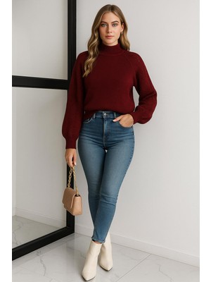 Fashion Friends Bisiklet Yaka Ajurlu Kazak Bordo