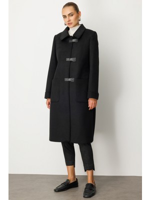 Ekol Kadın Deri Çıtçıtlı Torba Cepli Kaban 6075 Siyah