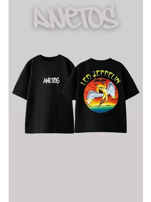 Anetos LED Zeppelin 8 Tasarım Sırt Baskılı Pamuk Siyah Oversize T-Shirt