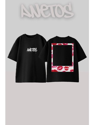 Anetos Kalpli Cerceve Tasarım Sırt Baskılı Pamuk Siyah Oversize T-Shirt