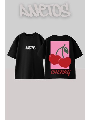 Anetos Cherry Love Tasarım Sırt Baskılı Pamuk Siyah Oversize T-Shirt