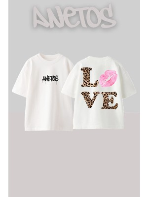 Anetos Love 1 Tasarım Sırt Baskılı Pamuk Beyaz Oversize T-Shirt