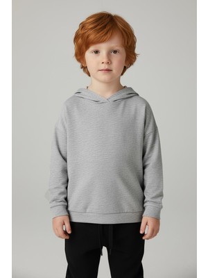 Luess Unisex Çocuk Basic Pamuklu Kapüşonlu Sweatshirt - Gri