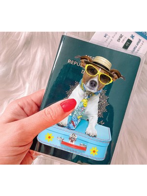 Nurdic Tüm Ülke Pasaportları ile Uyumlu Şeffaf Pvc Baskılı Cepli Pasaport Kılıfı Kabı - Tatilci Köpek