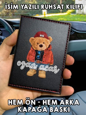 Nurdic Teddy Bear Ön Arka Baskılı Oto Araç Ruhsat Kabı Kartlık Deri Isim Yazılı Kişiye Özel Cüzdan