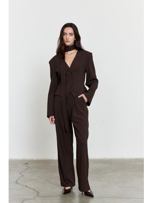 Facette Çizgili Yüksek Bel Palazzo Pantolon Acı Kahve