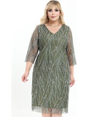 Ladies First Büyük Beden 3994 Haki Kısa Abiye Elbise