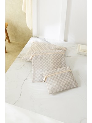 Ocean Home Textile 3'lü Su Geçirmez Pvc Astarlı Gri Dama Desen Islak Kuru Çantası 20 x 13 / 24 x 20 / 30 x 24 cm