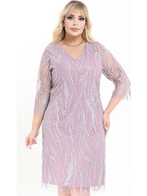 Ladies First Büyük Beden 3996 Lila Kısa Abiye Elbise