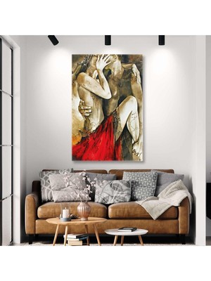 GülsenArt Sarılan Romantik Çift Kırmızı Elbise Dekoratif Dikey Hd Baskı Kanvas Tablo