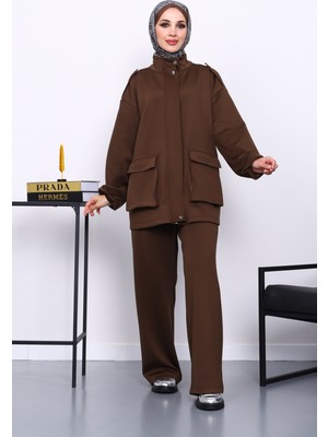 İmaj Butik Kahverengi Fermuarlı Scuba Ceket Pantolonlu Takım