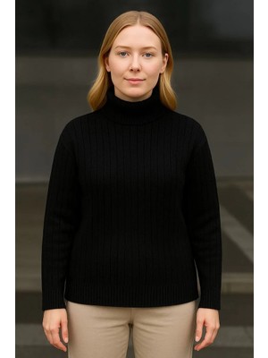 Kadın Balıkcı Yaka Bağazlı Triko Kazak Pamuklu Kalın Fitilli Dokuma - Siyah