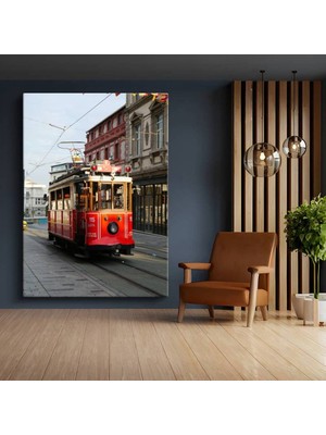 GülsenArt Nostaljik Tramvay Şehir Merkezi Kanvas Tablo Kırmızı Raylı Ulaşım Tablo