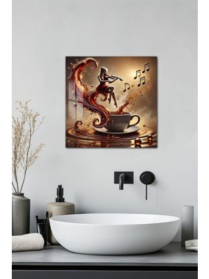 KutuTR 3D Görünümlü Keman ve Kahve Temalı Temperli Cam Kare Tablo 33X33 cm Uv Baskı -CTK004