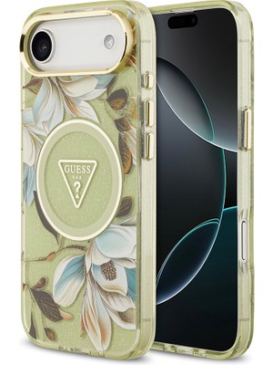iPhone 17 Air Kılıf Guess Lisanslı M-Safeli Simli Çiçek Desenli Metal Kamera Çerçeveli Kapak Yeşil