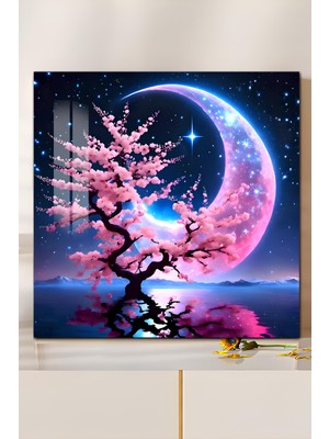 KutuTR 3D Görünümlü Temperli Cam Tablo – Pembe Sakura Ağacı ve Ay Manzarası Teması Uv Baskı 33X33 CM-CTK066