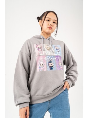 Giyicem Kız Çocuk Labubu Baskılı 3 Iplik Kışlık Şardonsuz Sweatshirt 4540