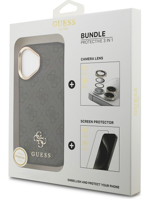 iPhone 17 Guess Lisanslı 4g ve Yazı Logolu Kılıf&ekran&lens Koruyucu 3in1 Aksesuar Seti Siyah