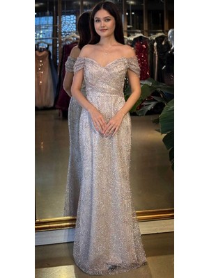 Abiyeniall Bej Madonna Yaka Sırt Dekolteli  Düz Kesim Simli Uzun Abiye Elbise 11113-06