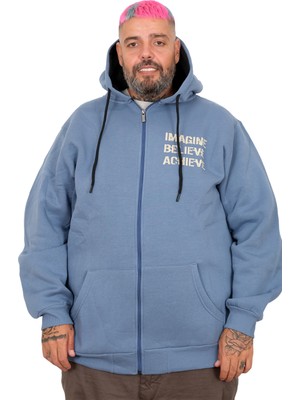 ModeXL Mode Xl Mavi Erkek Büyük Beden Sweat Kapşon Fermuarlı Uzun Kol Düz Desenli 24538