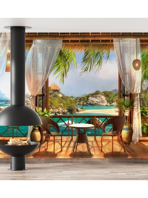 Dreamwall Tropikal Deniz Manzaralı Balkon Desen Sağlıklı Tekstil Duvar Kağıdı