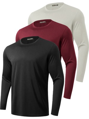 Ghassy Co. 3'lü Paket Erkek %100 Pamuklu Likralı Spor Koşu Günlük Antrenman Uzun Kollu Penye T-Shirt