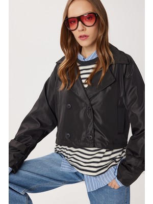 Happiness İstanbul Kruvaze Kısa Trençkot LMK0002 Siyah