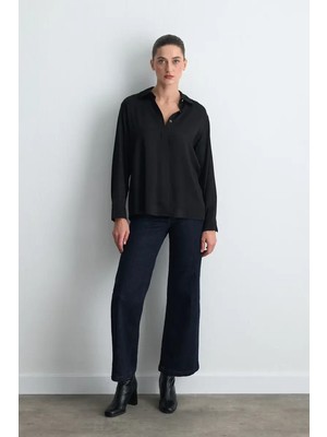 Gusto Gold Düğmeli Viskon Saten Gömlek - Siyah