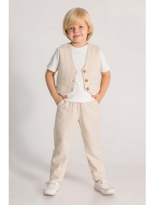 Dmb Mojo Erkek Çocuk 3-7 Yaş Üçlü Yelekli Keten Takım 7664 Bej