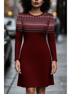 Nnstartshopping  Kadın Uzun Kollu Bisiklet Yaka Etnik Desenli Kısa Şardonlu Dalgıç Elbise