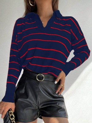 Nnstartshopping  Kadın Uzun Kollu V Yaka Çizgili Triko Bluz