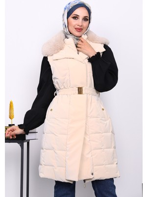 İmaj Butik Krem Yaka Kürklü Lastik Kemerli Uzun Şişme Yelek