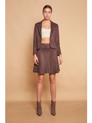 Jument Hafif Likralı Süet Kumaş Yüksek Bel Diz Üstü Kısa Kiloş Etek-Kahve
