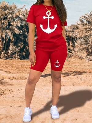 Nnstartshopping  Kadın Kısa Kollu Çapa Baskılı Viskon Ikili Takım