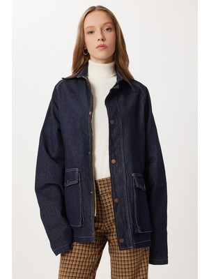 Happiness İstanbul Kadife Yaka Uzun Denim Ceket LRI0025 Koyu Mavi