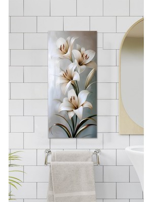 KutuTR Beyaz Zambak Çiçek Desenli Temperli Cam Dik Tablo – 30X60 cm Hd Uv Baskı - DCT016