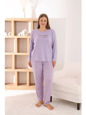 Pijamoni Kadın Büyük Beden Milan Kumaş Bisiklet Yaka Lila Pijama Takımı