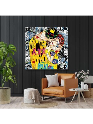 GülsenArt Gustav Klimt Grafitti Öpücük Tablosu Sokak Sanatı Kare Hd Baskı Kanvas Tablo