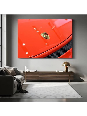 GülsenArt Porsche Amblemi Kırmızı Spor Kanvas Tablo Otomobil Detayı Stuttgart Tablo