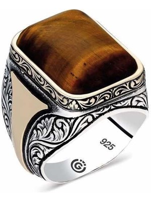 Gumush Hk ​Gümüş Erkek Yüzük Kaplan Gözü Kare |Gümüş Takı Hediyelik Ürünler