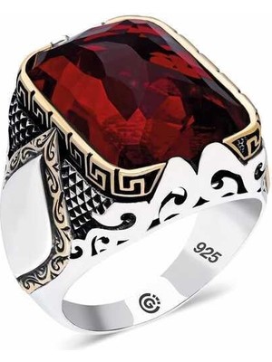 Gumush Hk ​Gümüş Erkek Yüzük Kırmızı Zirkon Taşlı Kare |Gümüş Takı Hediyelik Ürünler