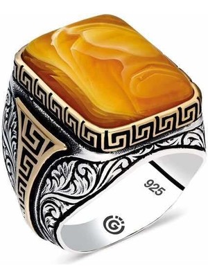 Gumush Hk ​Gümüş Erkek Yüzük Desenli Sıkma Kehribar Taşlı Kare |Gümüş Takı Hediyelik Ürünler