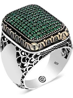 Gumush Hk Gümüş Erkek Yüzük Yeşil Zirkon Taşlı Kare |Gümüş Takı Hediyelik Ürünler