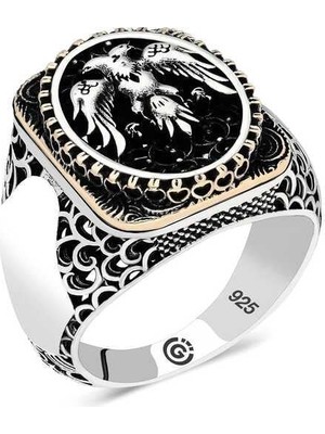 Gumush Hk Gümüş Erkek Yüzük Çift Başlı Kartal Oval |Gümüş Takı Hediyelik Ürünler