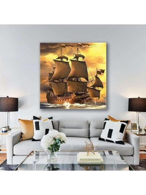 Gün Batımında Denizdeki Gemiler Dekoratif Kare Hd Baskı Kanvas Tablo