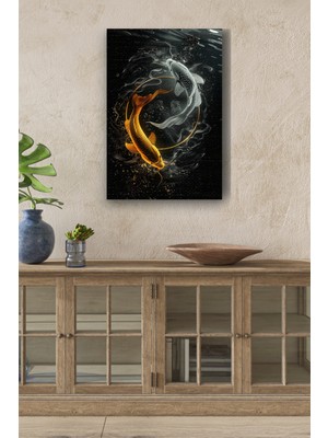 Gold Silver Balık Yağlı Boya Görünümlü Hd Dijital Baskı Dikey Kanvas Tablo 6411