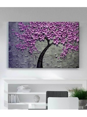 Mor Çiçekli Ağaç Hd Dijital Baskı Yatay Dev Boyut Kanvas Tablo Ev Dekoru