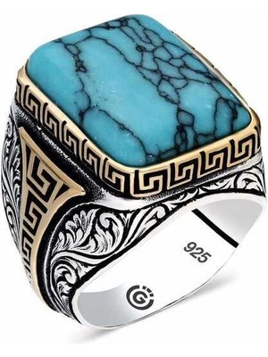 Gumush Hk ​Gümüş Erkek Yüzük Çizgili Turkuaz Taşlı Köşeli |Gümüş Takı Hediyelik Ürünler