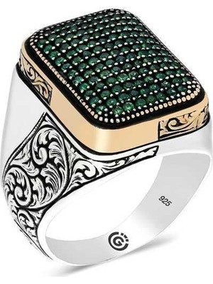 Gumush Hk Gümüş Erkek Yüzük Yeşil Zirkon Taşlı Kare |Gümüş Takı Hediyelik Ürünler